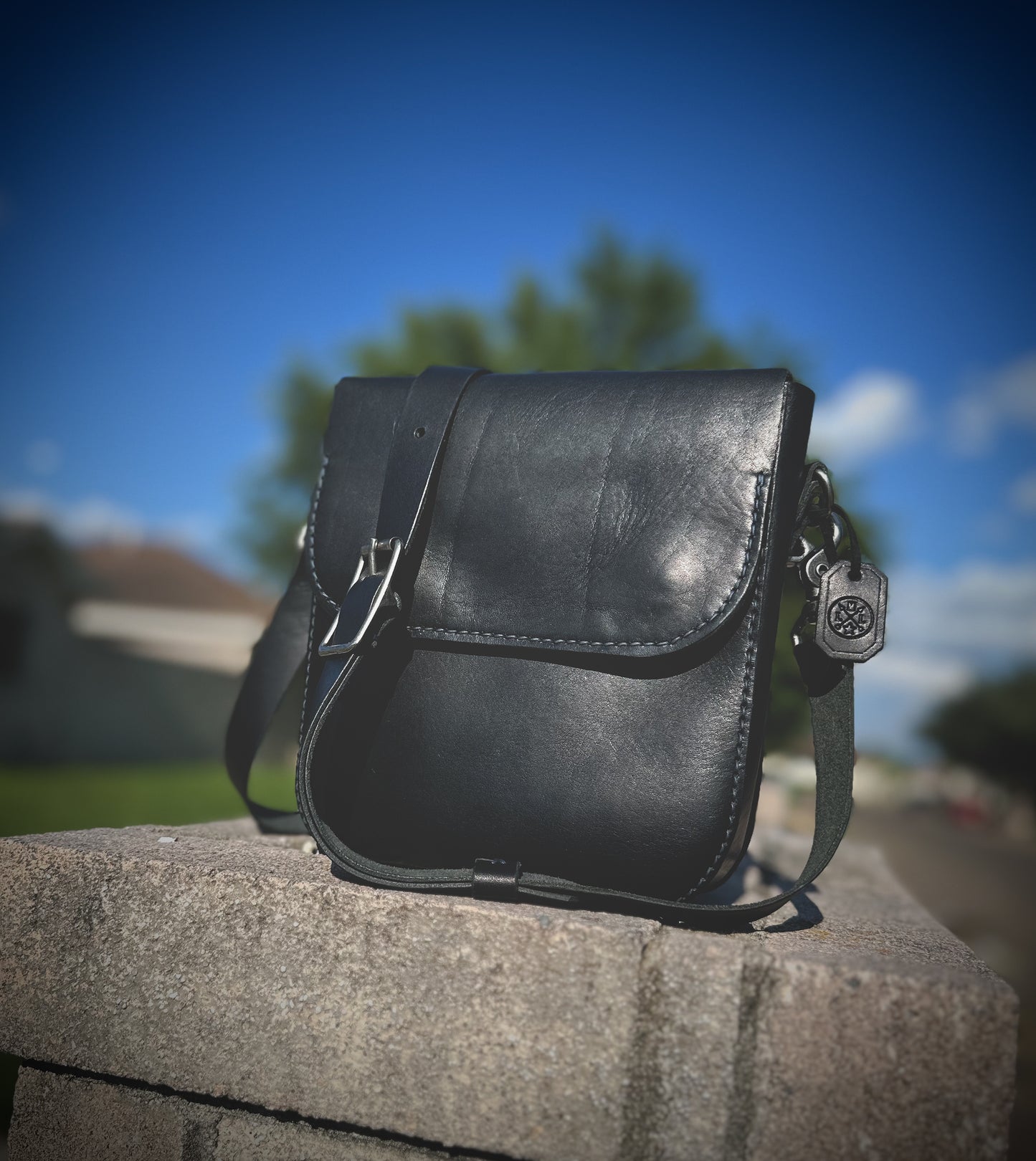 Black with Blue Thread ‘Maverick’ Full Grain Leather Crossbody Bag