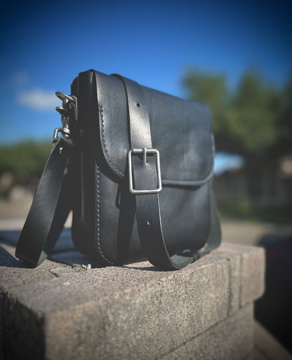 Black with Blue Thread ‘Maverick’ Full Grain Leather Crossbody Bag