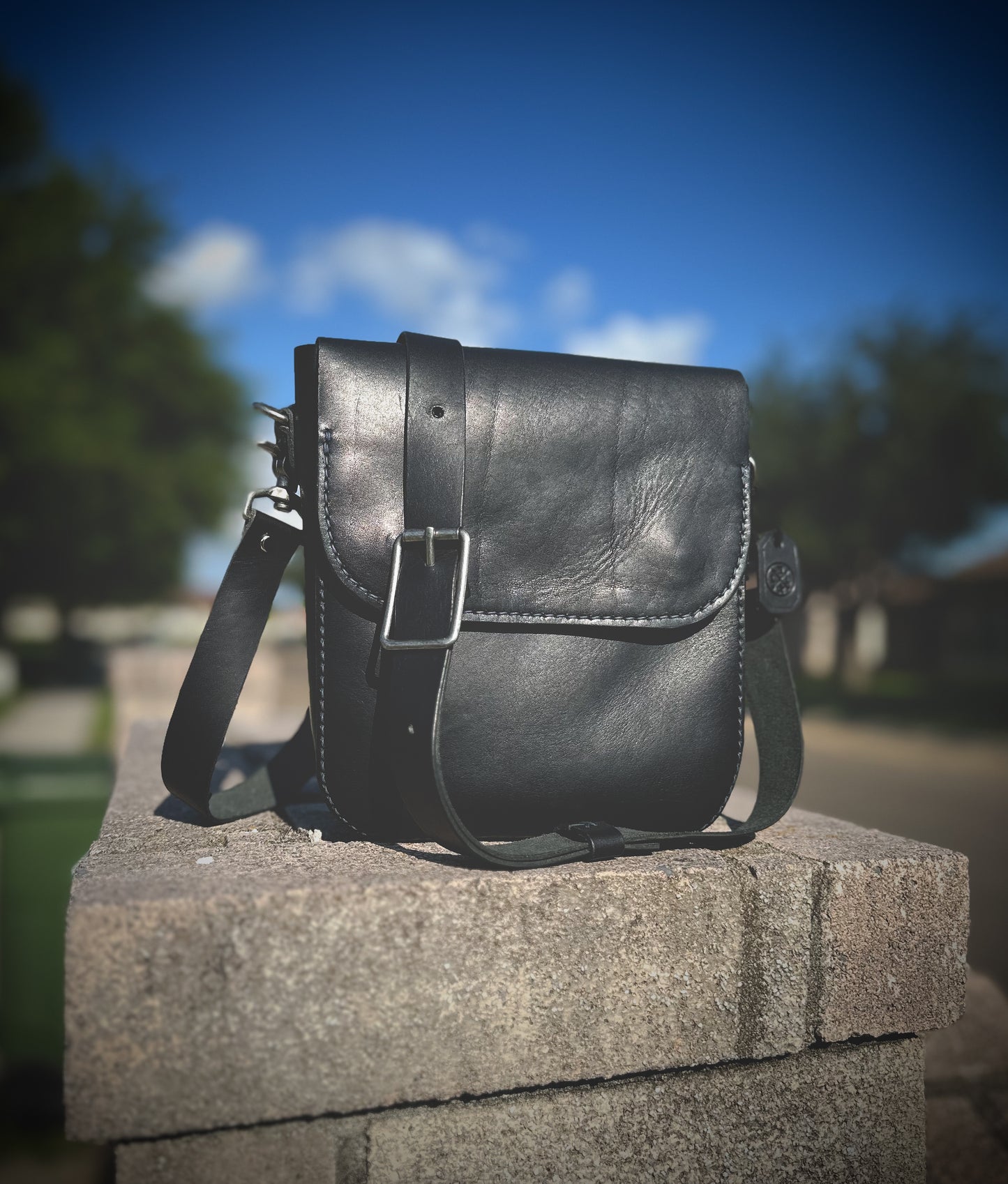 Black with Blue Thread ‘Maverick’ Full Grain Leather Crossbody Bag